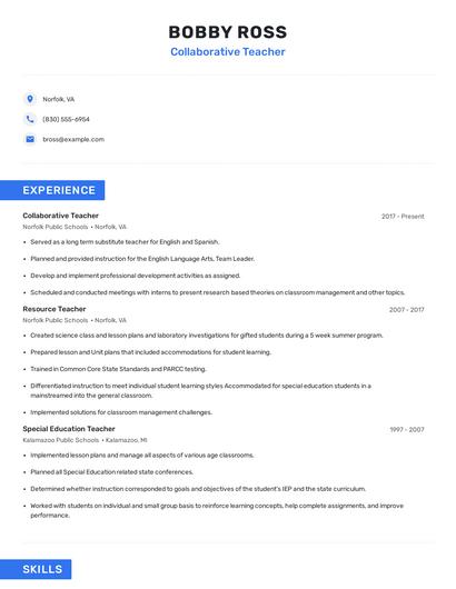 Collaborative Teacher Resume