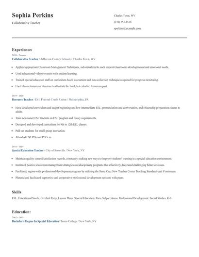 Collaborative Teacher Resume