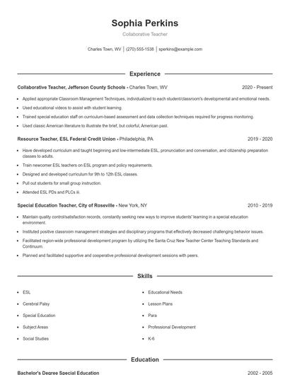 Collaborative Teacher Resume