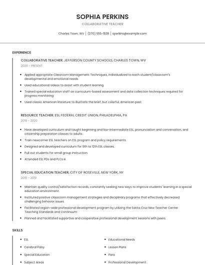 Collaborative Teacher Resume