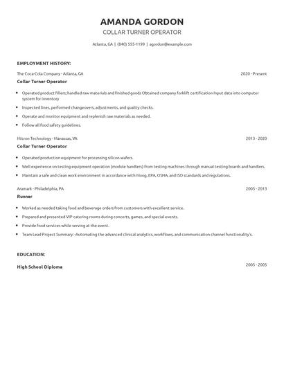 Collar Turner Operator Resume