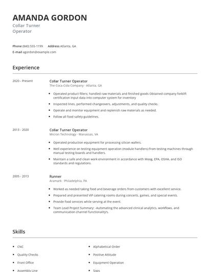 Collar Turner Operator Resume