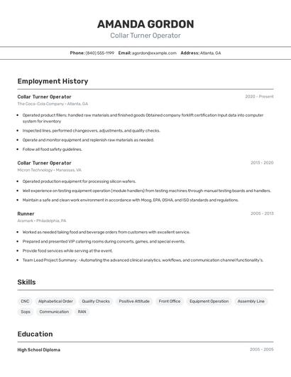 Collar Turner Operator Resume