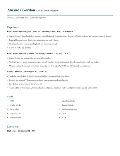 Collar Turner Operator Resume