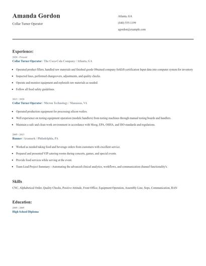 Collar Turner Operator Resume