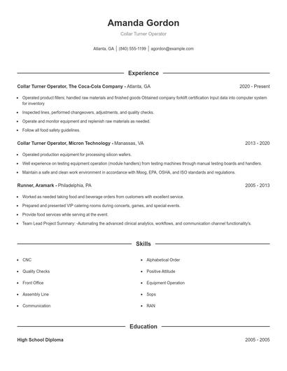 Collar Turner Operator Resume