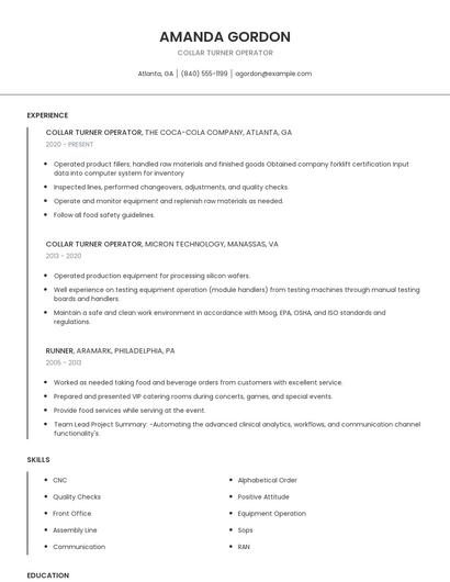 Collar Turner Operator Resume