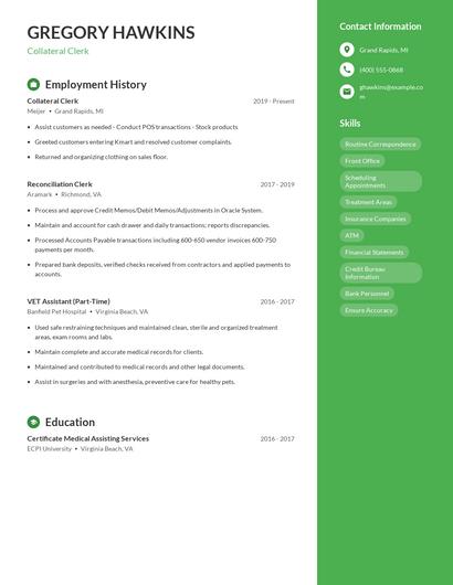 Collateral Clerk Resume