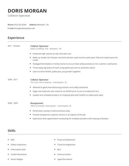 Collator Operator Resume
