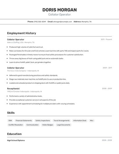 Collator Operator Resume