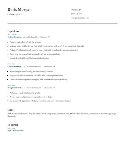Collator Operator Resume