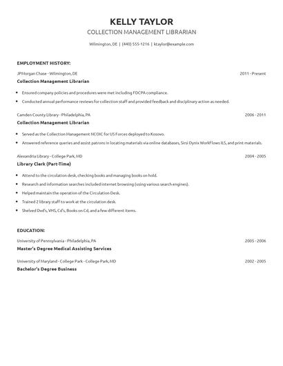 Collection Management Librarian Resume