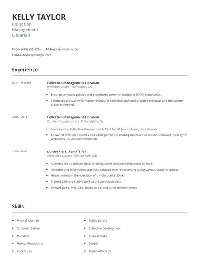 Collection Management Librarian Resume