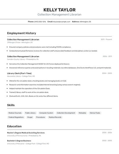 Collection Management Librarian Resume