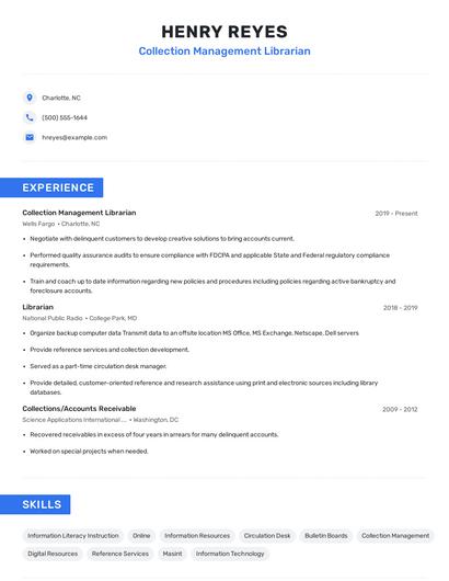 Collection Management Librarian Resume