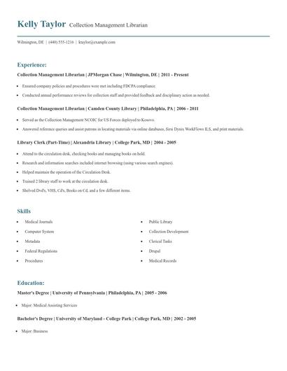 Collection Management Librarian Resume