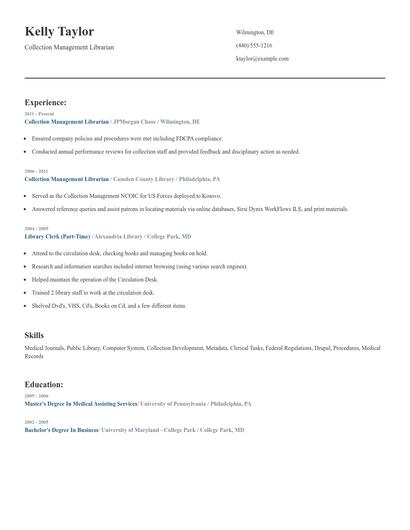 Collection Management Librarian Resume