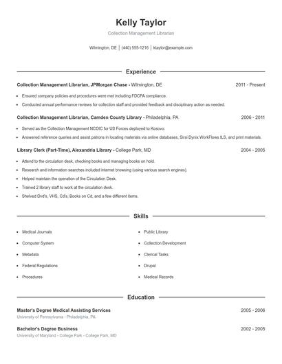 Collection Management Librarian Resume