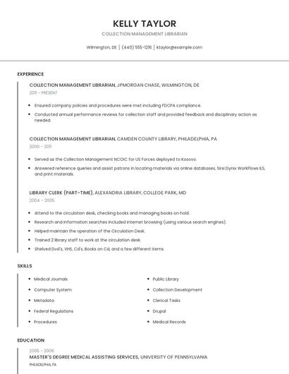 Collection Management Librarian Resume