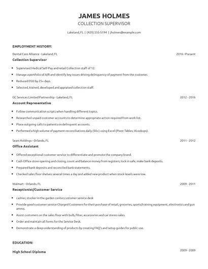 Collection Supervisor Resume