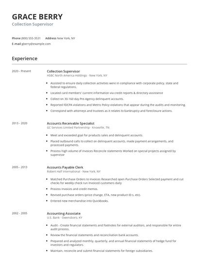 Collection Supervisor Resume
