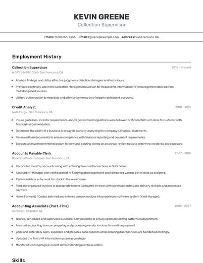 Collection Supervisor Resume