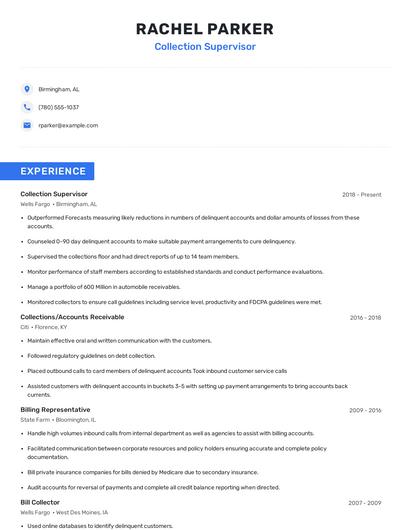 Collection Supervisor Resume