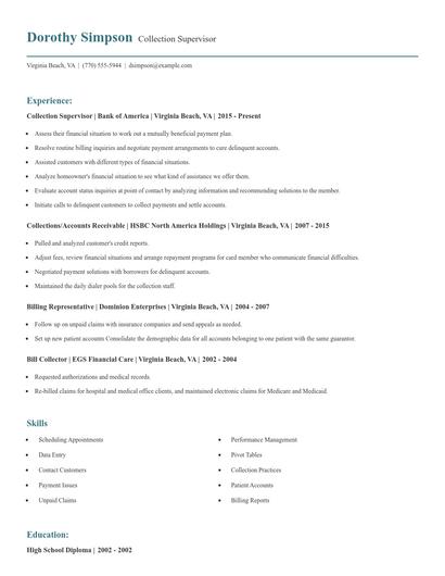 Collection Supervisor Resume