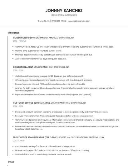 Collection Supervisor Resume