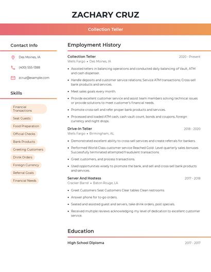 Collection Teller Resume
