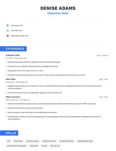 Collection Teller Resume