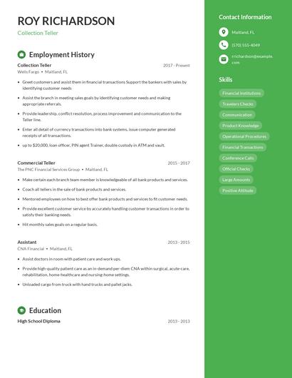 Collection Teller Resume