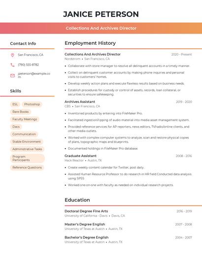 Collections And Archives Director Resume