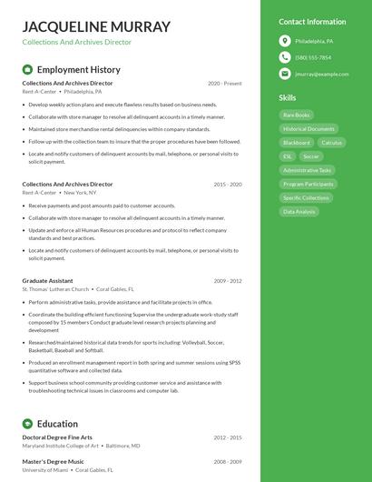 Collections And Archives Director Resume