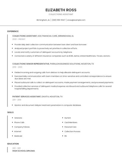 Collections Assistant Resume