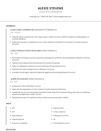 Collections Coordinator Resume
