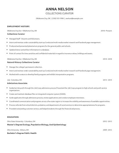 Collections Curator Resume