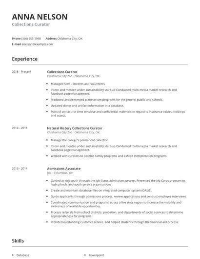 Collections Curator Resume