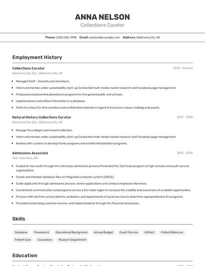 Collections Curator Resume
