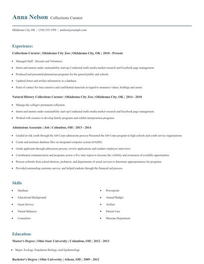 Collections Curator Resume