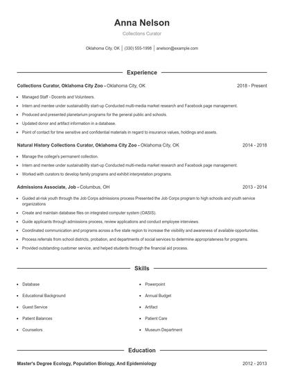 Collections Curator Resume