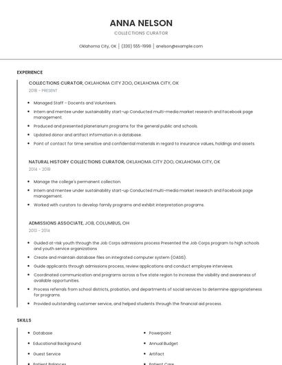 Collections Curator Resume