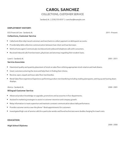 Collections, Customer Service Resume