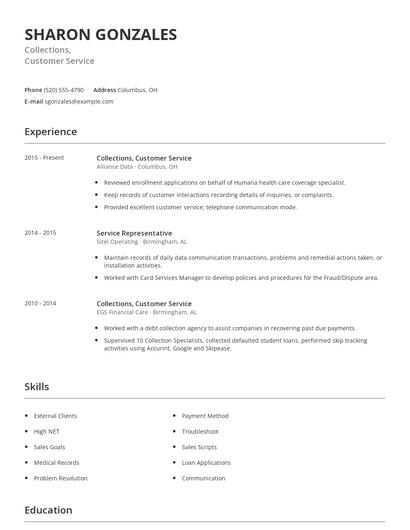Collections, Customer Service Resume