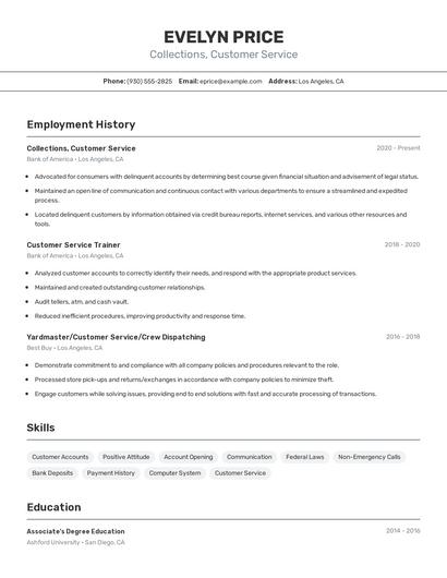 Collections, Customer Service Resume