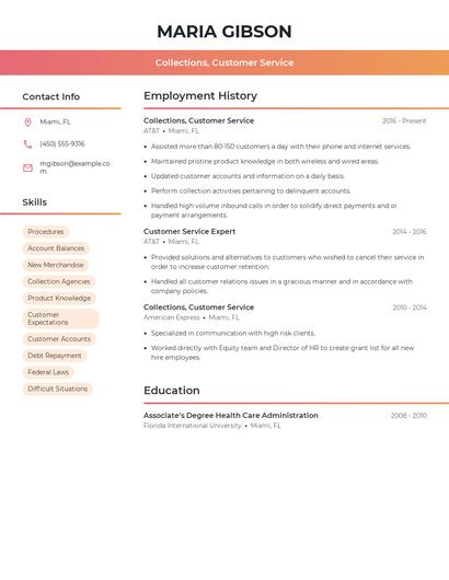 Collections, Customer Service Resume