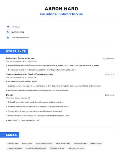 Collections, Customer Service Resume