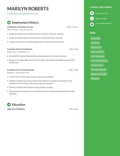 Collections, Customer Service Resume