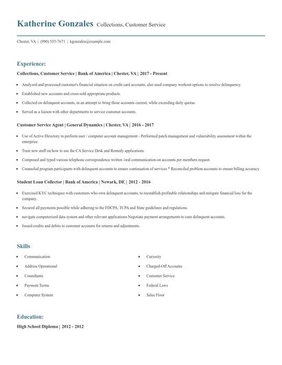 Collections, Customer Service Resume