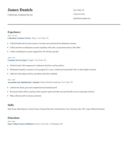 Collections, Customer Service Resume